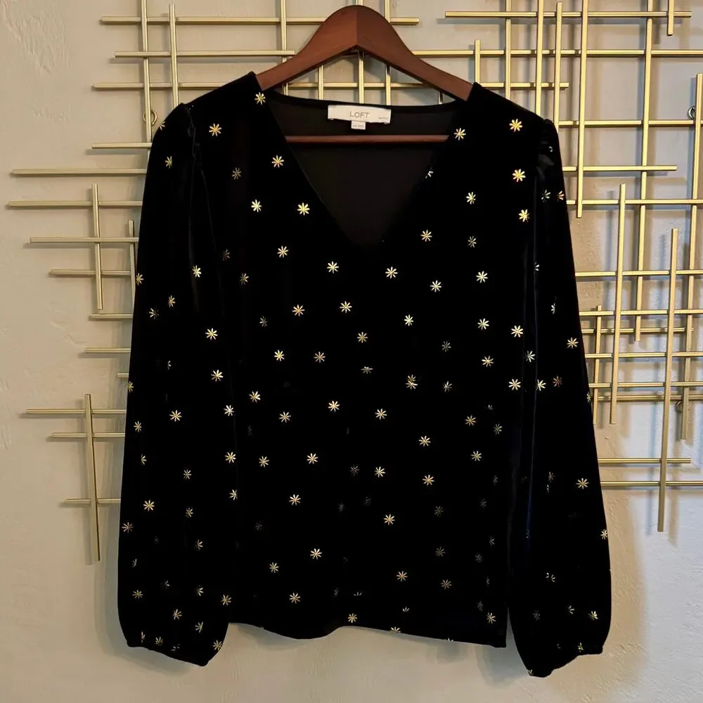 LOFT Petites XL Black Velvet Gold Starburst Balloon Sleeve Top